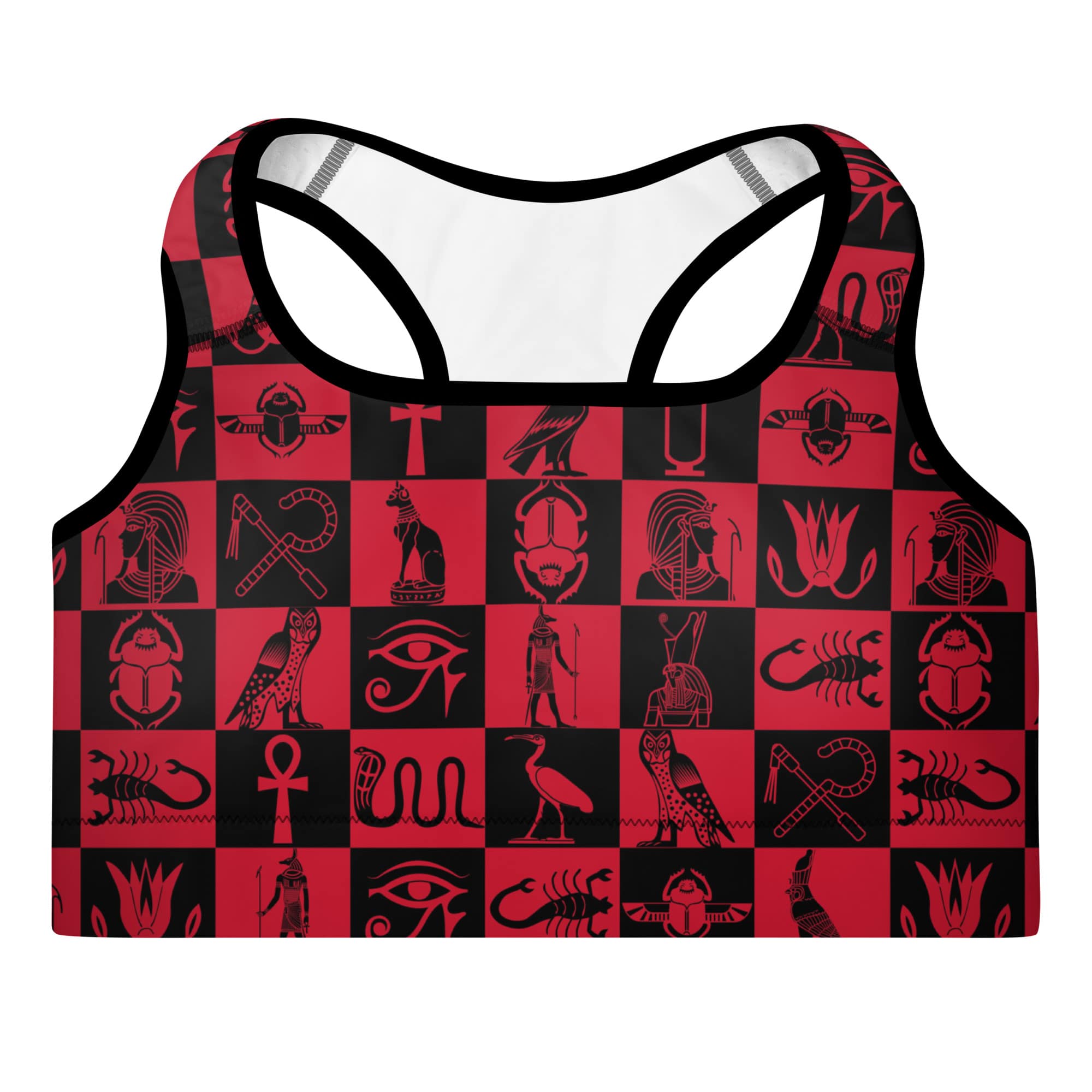 Ancient-Egyptian-Outfit-Red-Black-Padded-Sports-BRA-Hieroglyph-Front