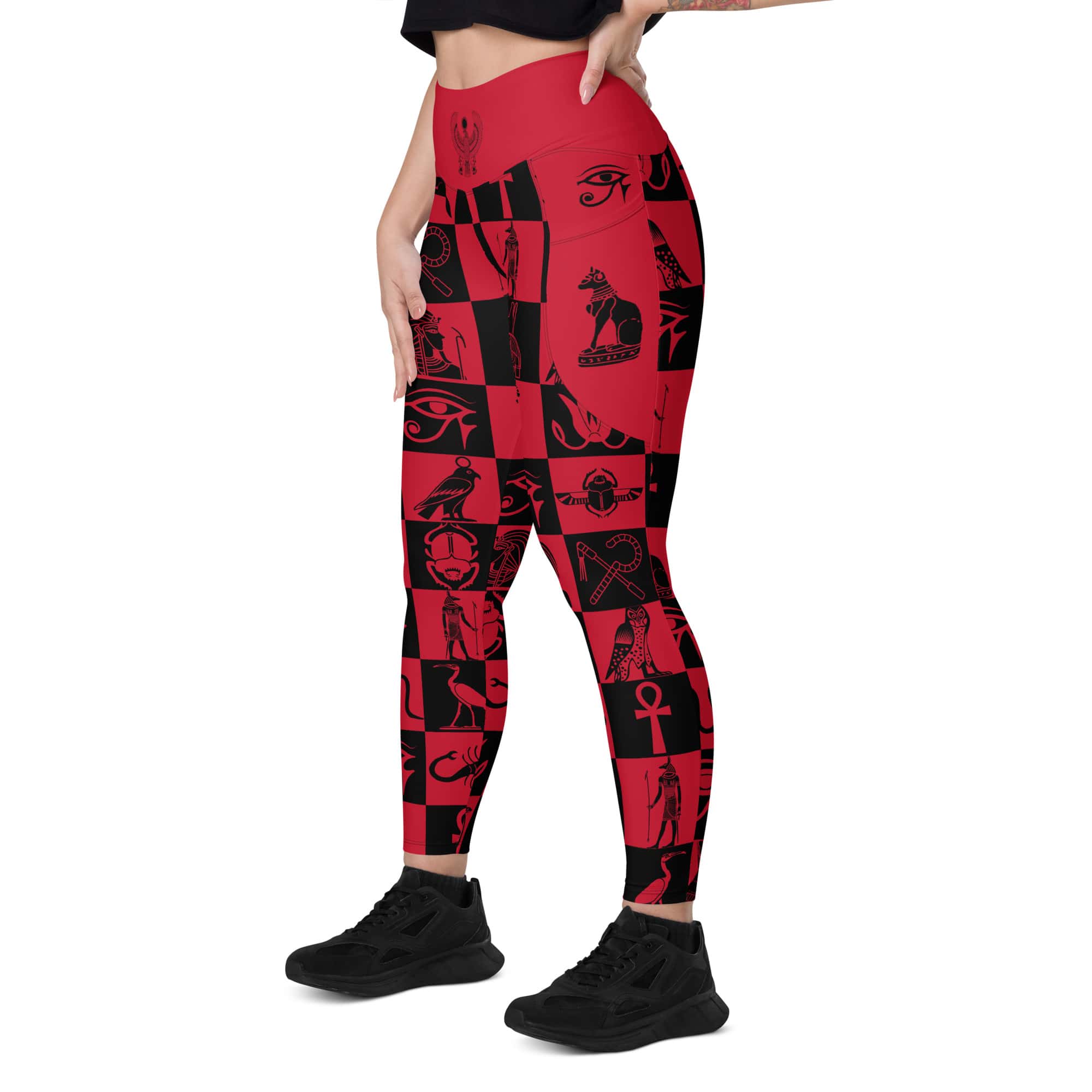 Ancient Egyptian Apparel - Ancient Hieroglyphs - Red & Black Yoga Leggings