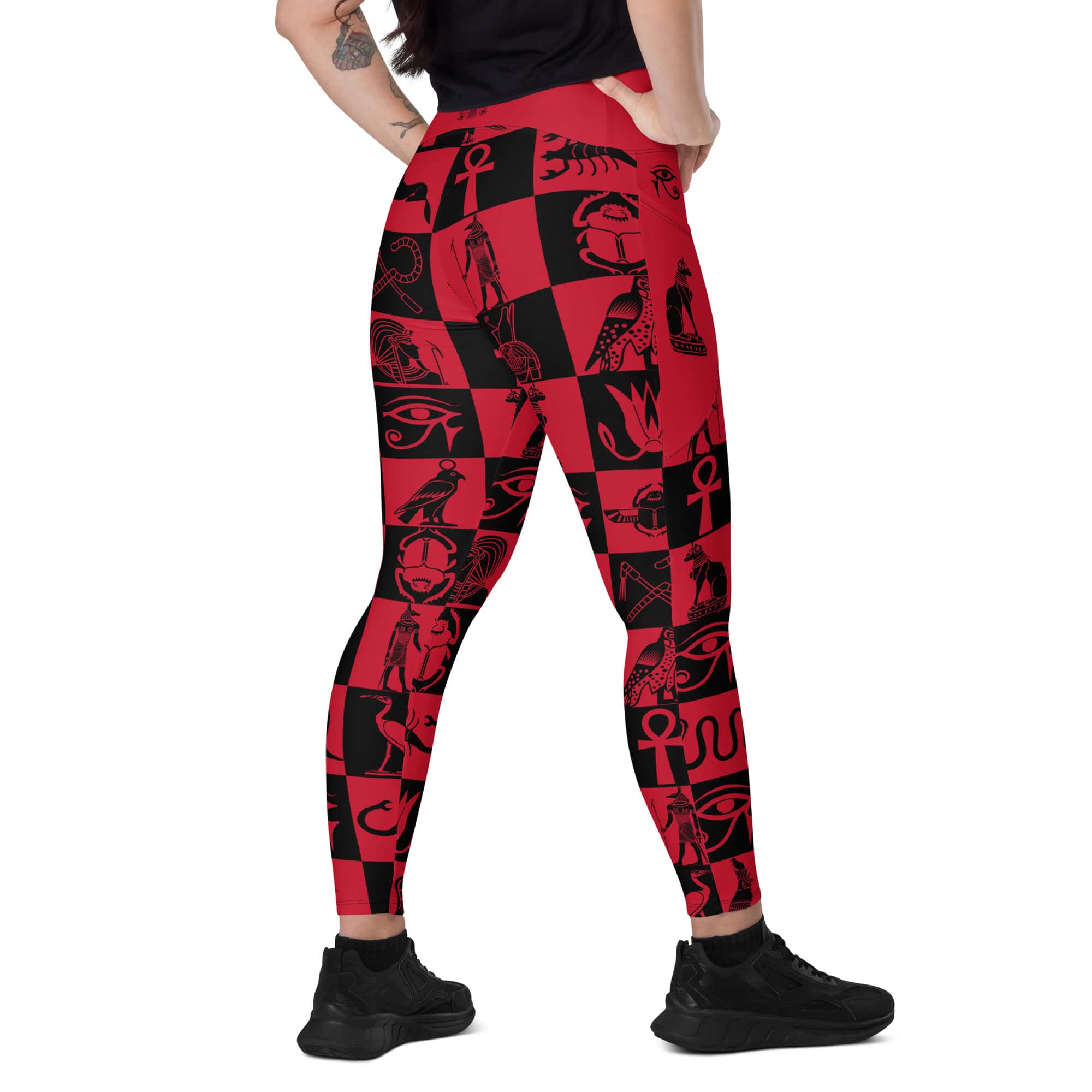 Ancient Egyptian Apparel - Egyptian Hieroglyphs - Red & Black Yoga Leggings