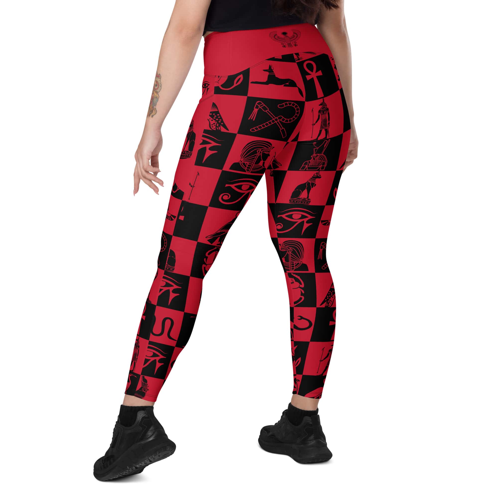 Ancient Egyptian Apparel - Ancient Hieroglyphs - Red & Black Workout Leggings