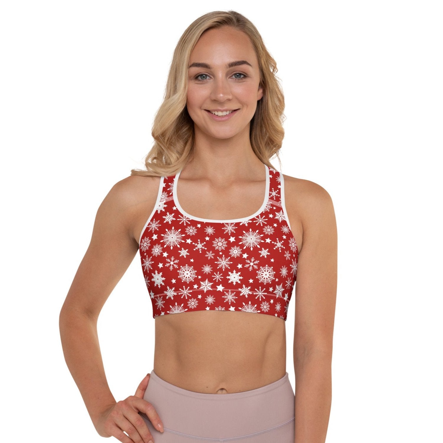 Christmas Snowflakes Red Sports Bra