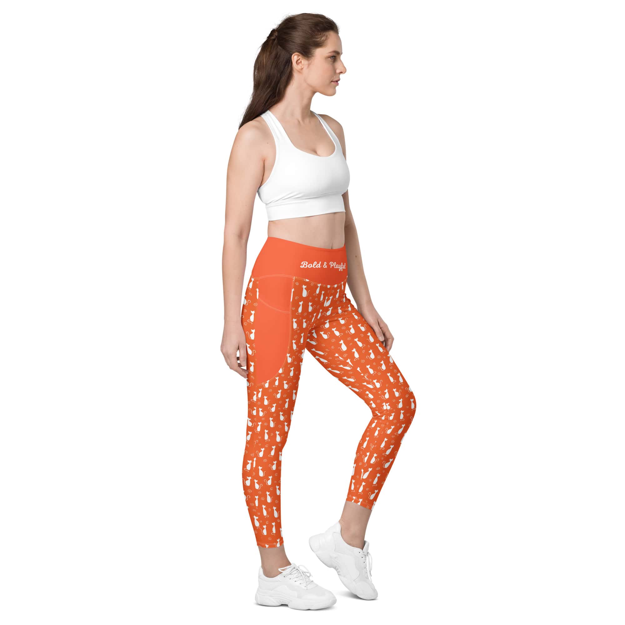 High-Waisted-Yoga-Pants-Orange-Leggings-Cat-Love-4