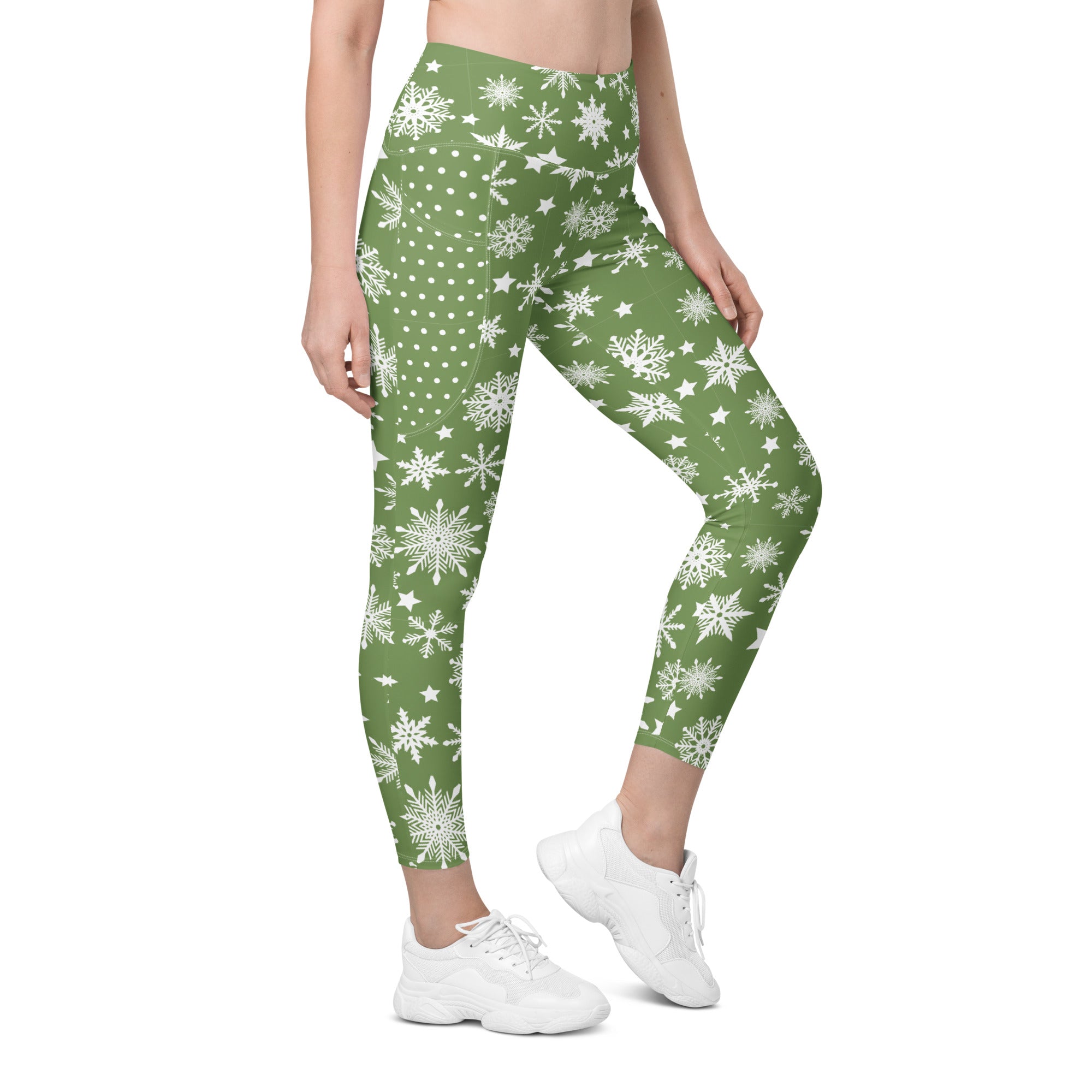 Snowflakes Green Christmas Leggings with Pockets