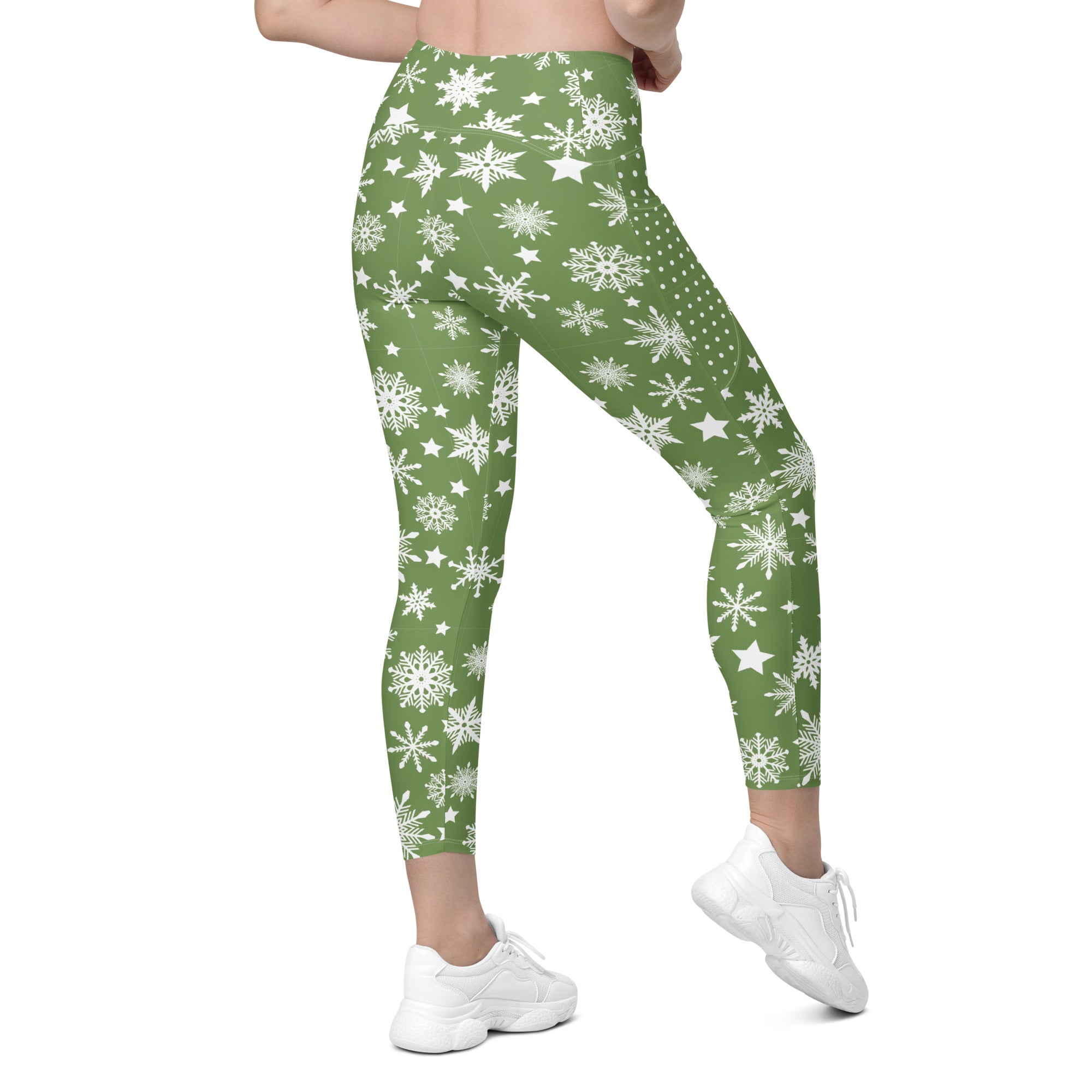 Snowflakes Green Christmas Leggings with Pockets