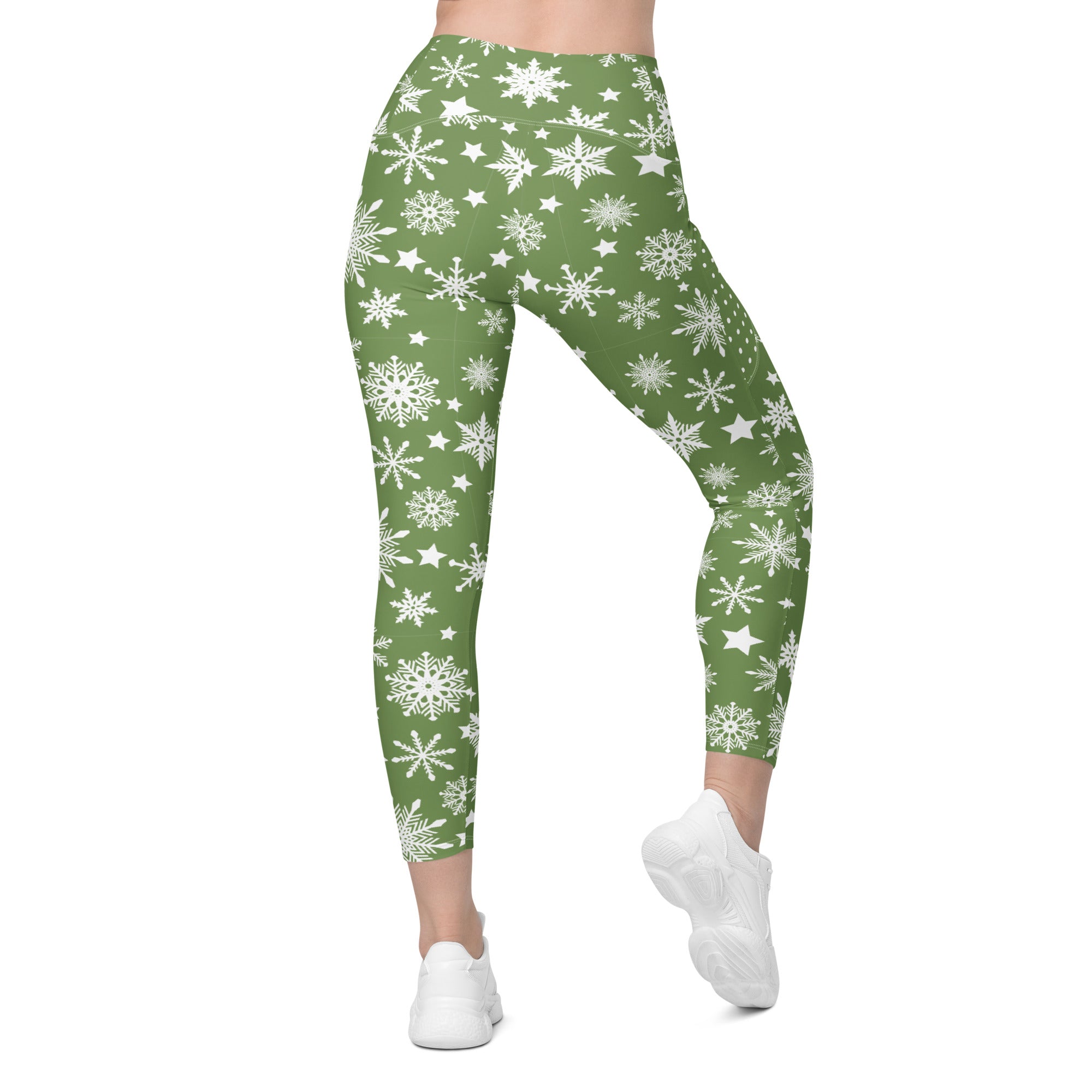 Snowflakes Green Christmas Leggings with Pockets