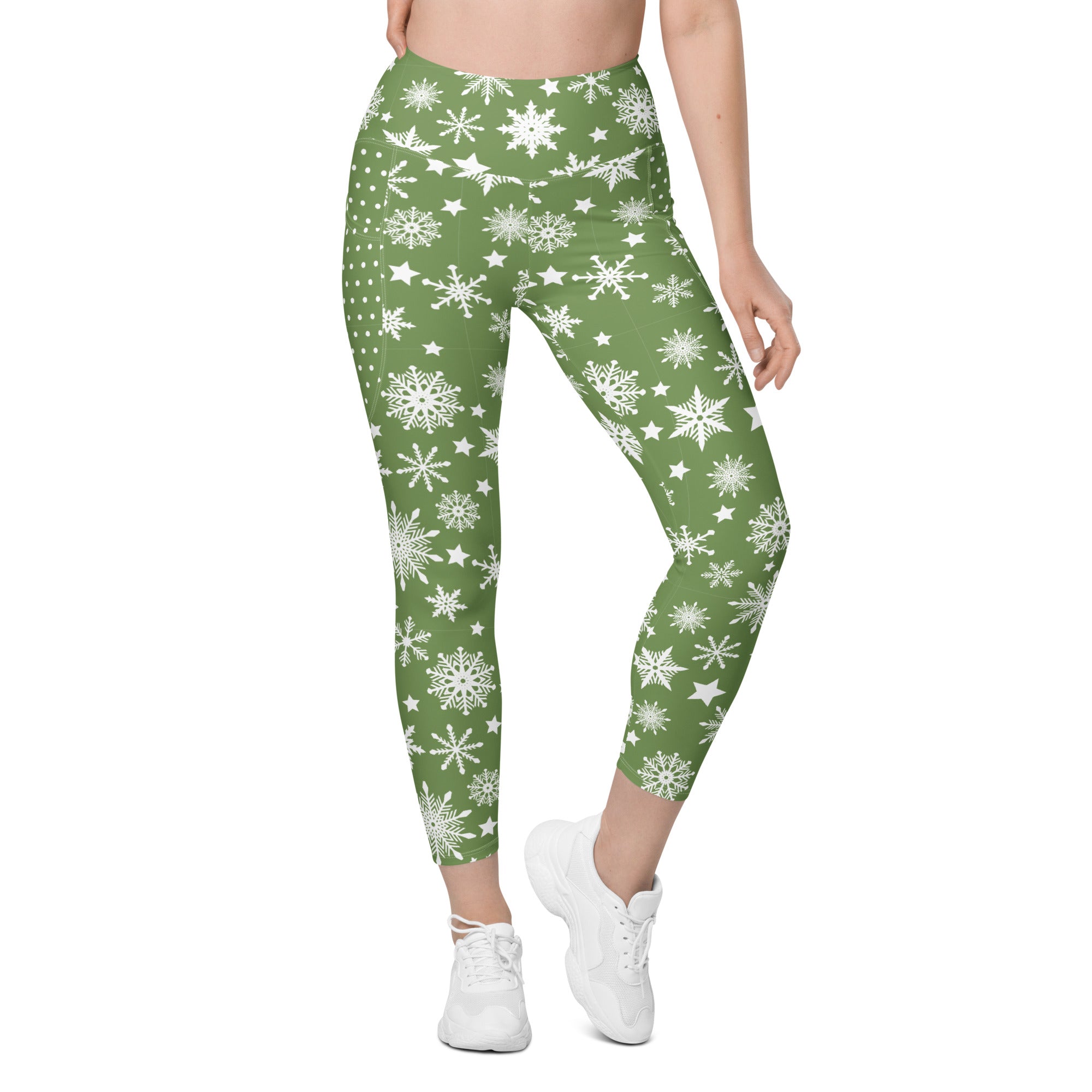 Snowflakes Green Christmas Leggings with Pockets