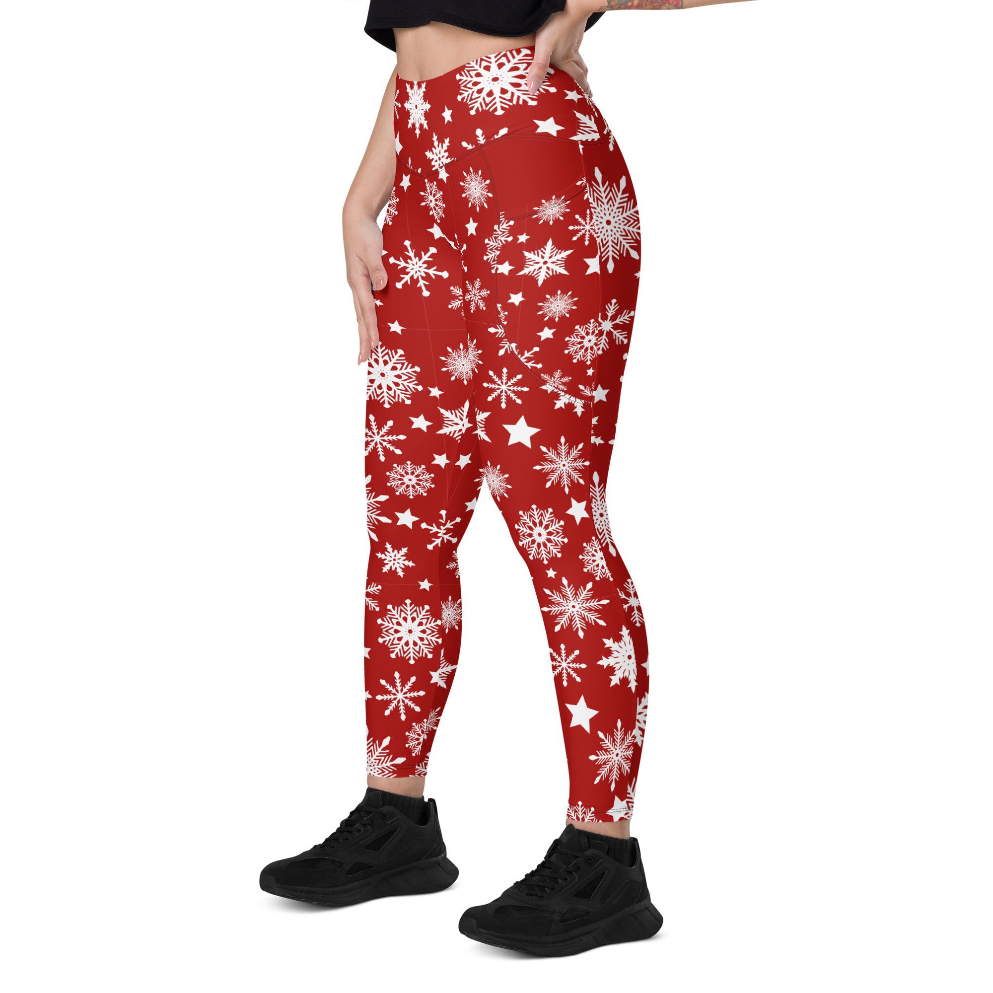 Snowflakes Red Christmas Leggings with Pockets