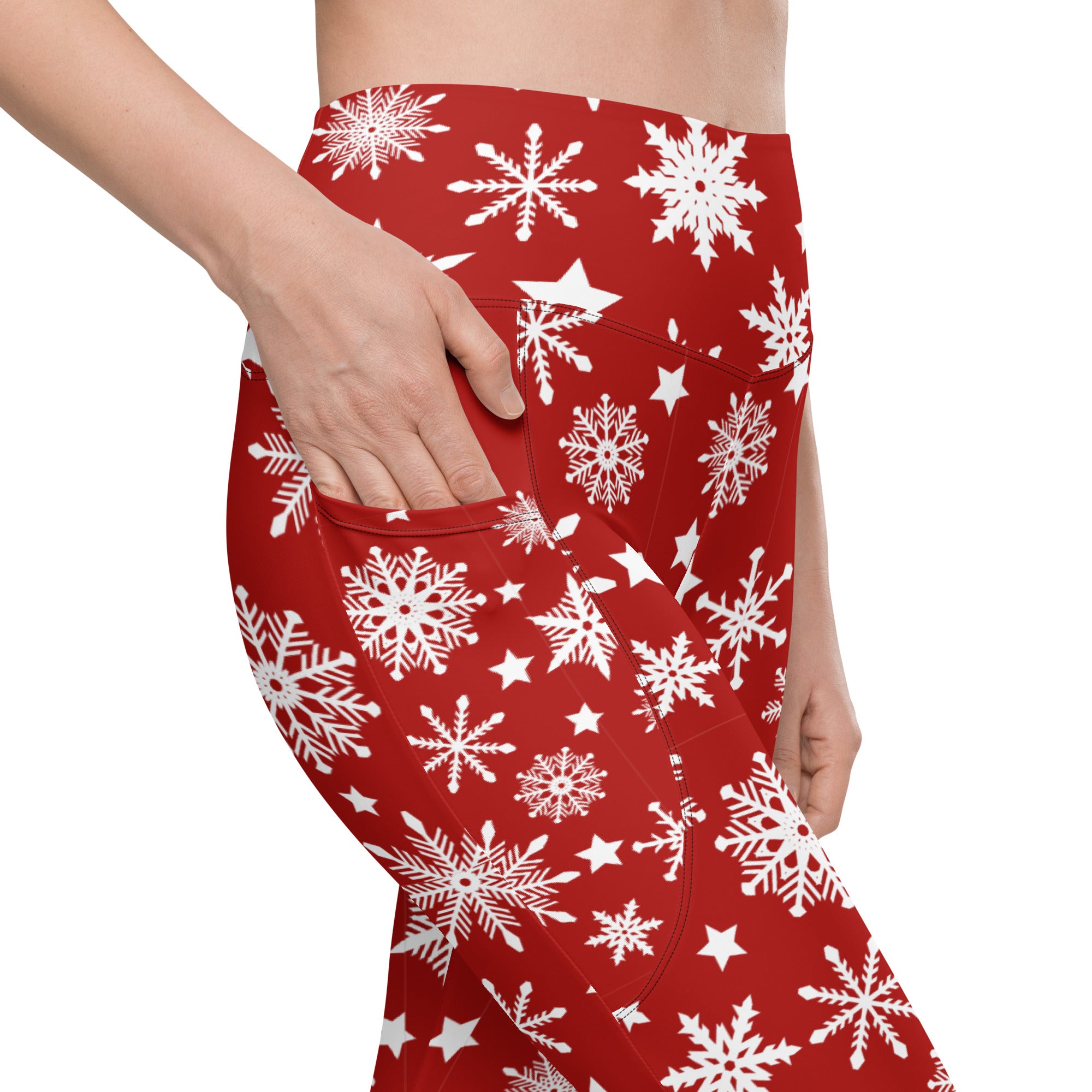 Snowflakes Red Christmas Leggings with Pockets