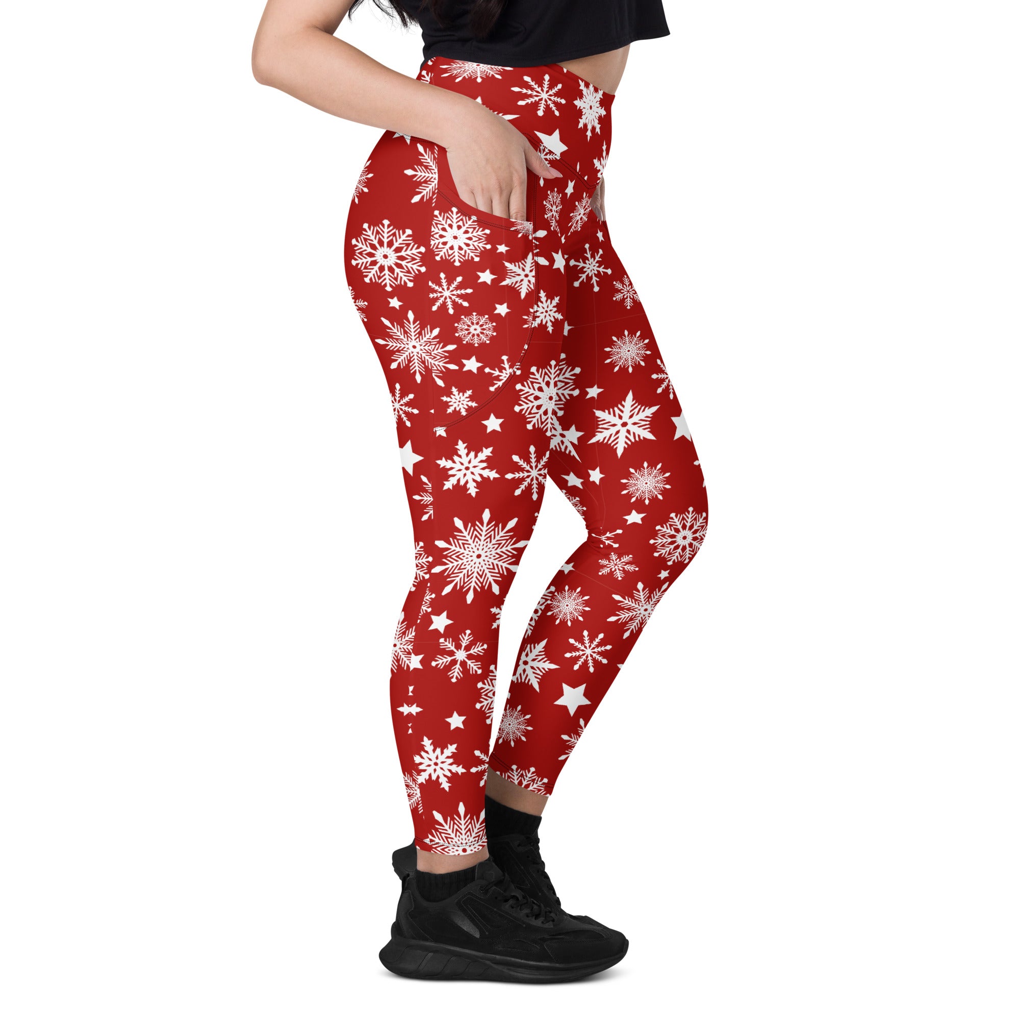 Snowflakes Red Christmas Leggings with Pockets