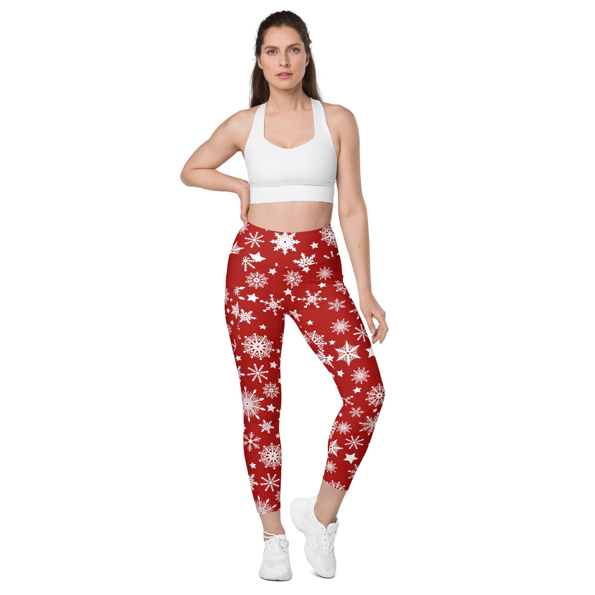 Snowflakes Red Christmas Leggings with Pockets