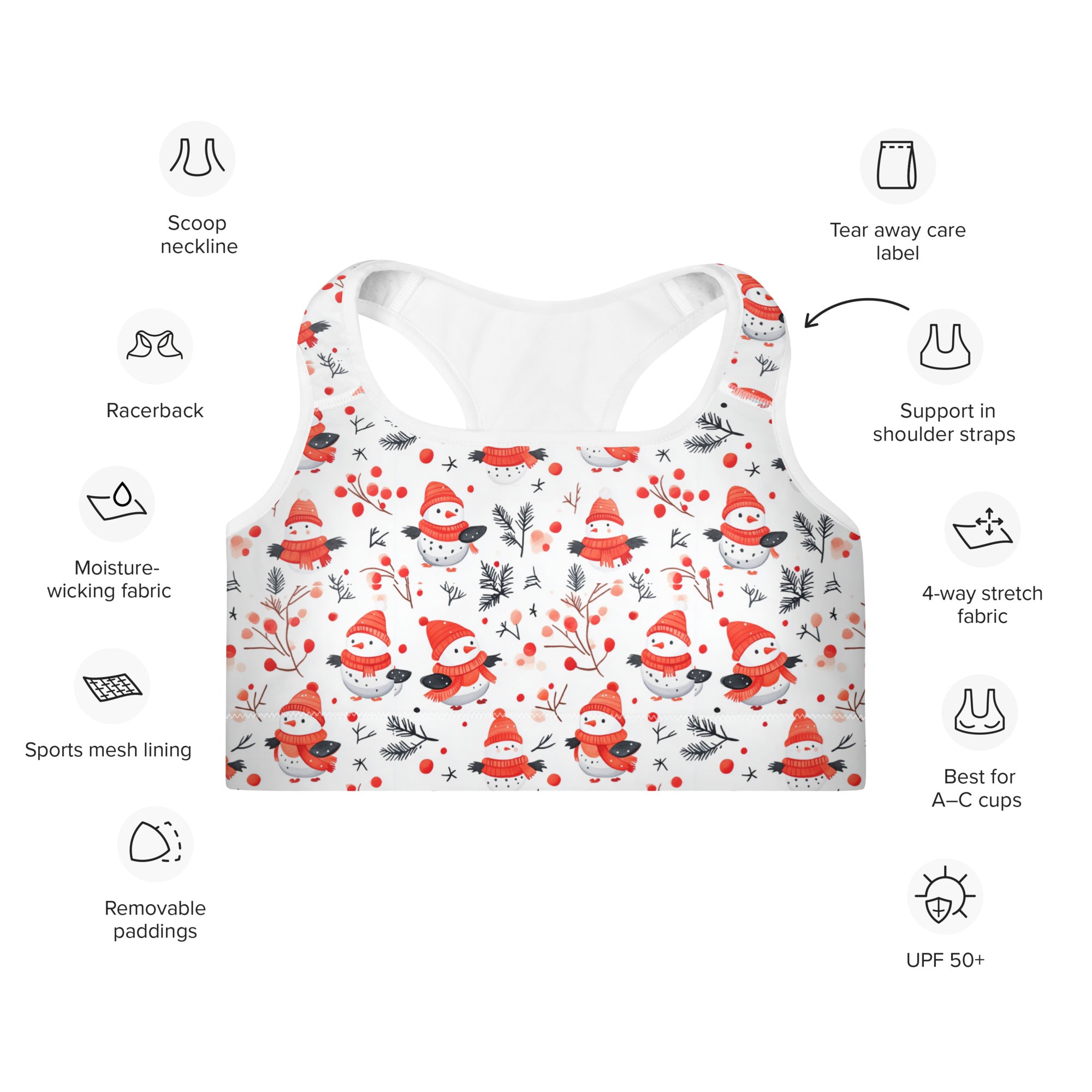 Snowman Christmas Padded Sports Bra