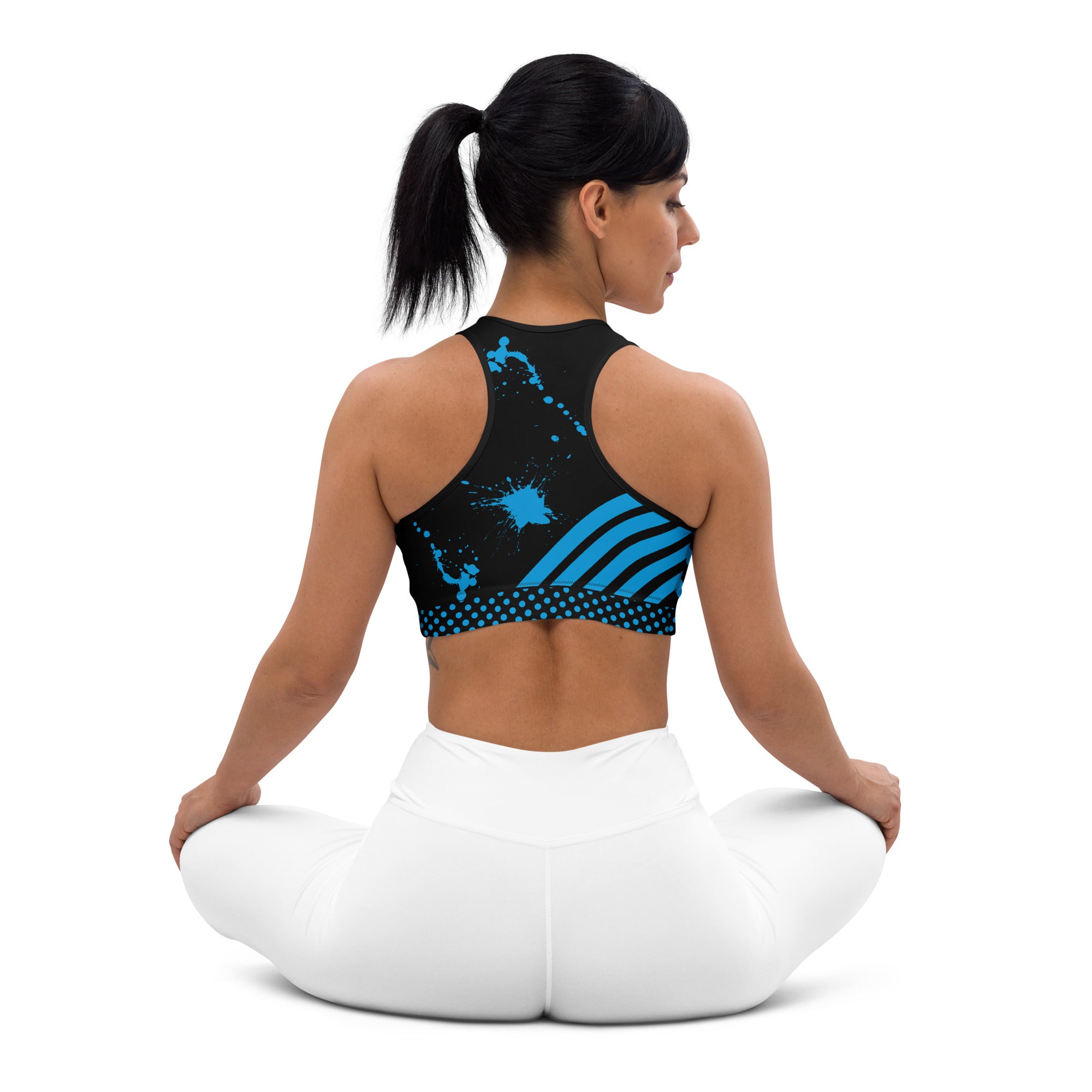 Padded Sports Bra - Black with Blue Strikes and Ink Splash