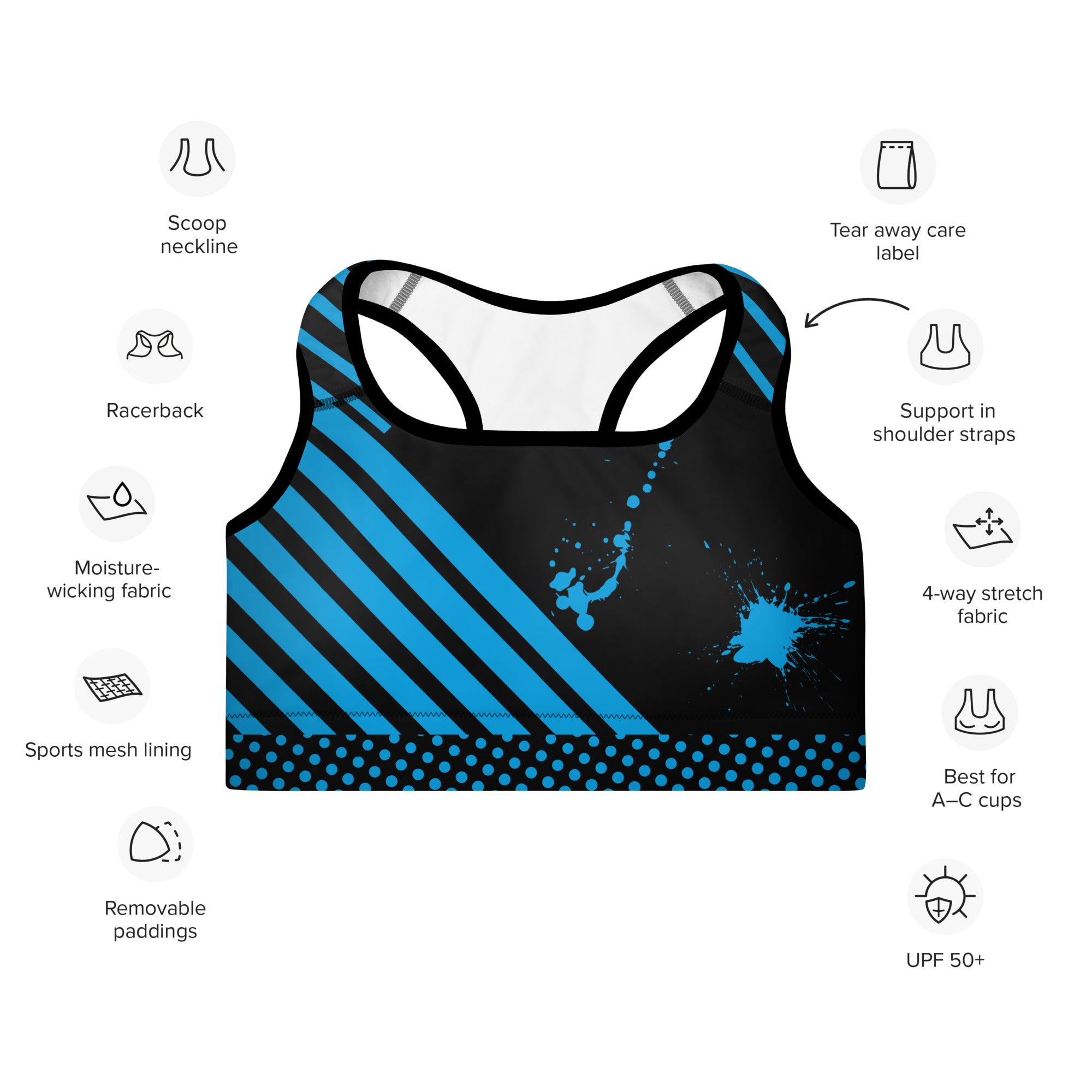 Padded Sports Bra - Black with Blue Strikes and Ink Splash