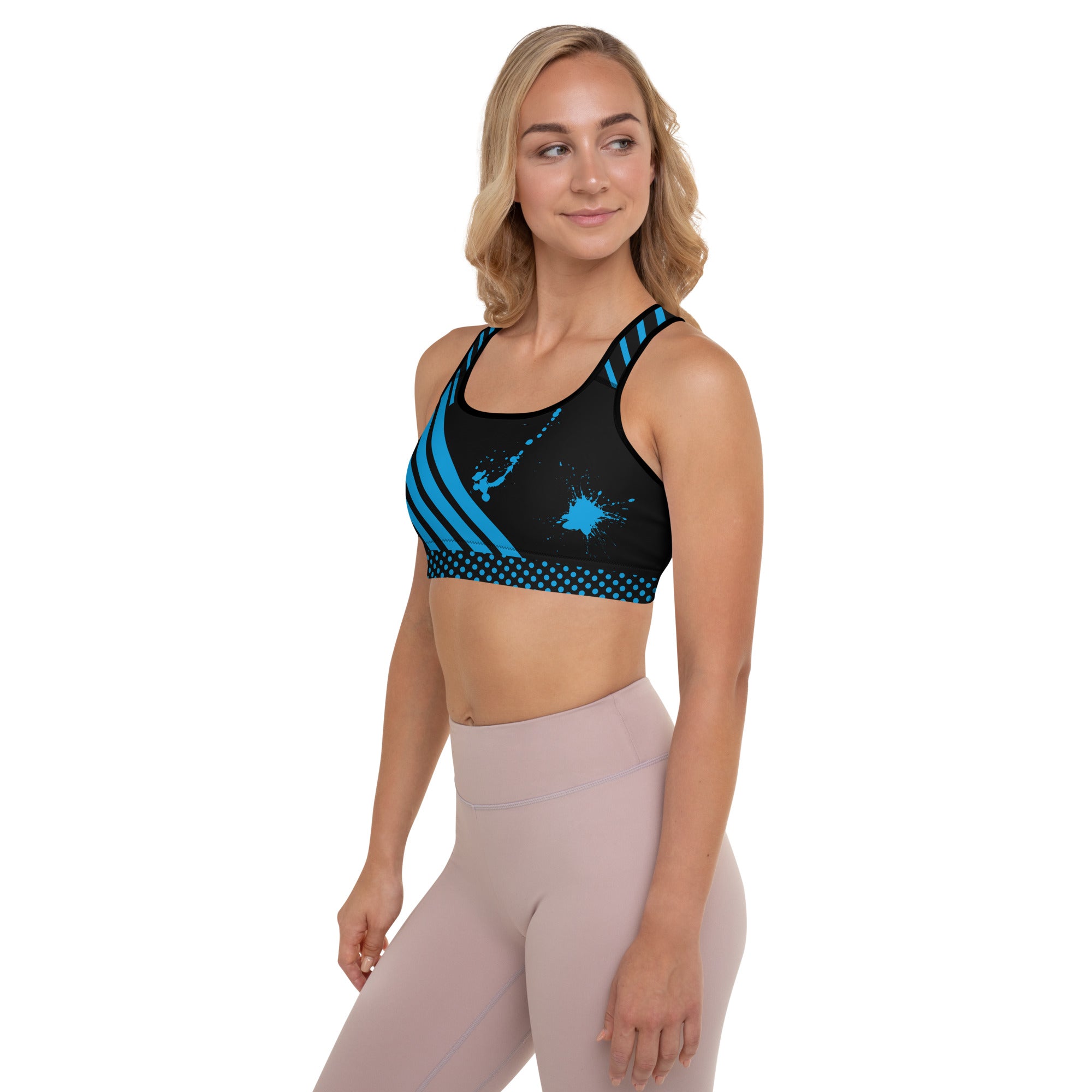 Padded Sports Bra - Black with Blue Strikes and Ink Splash