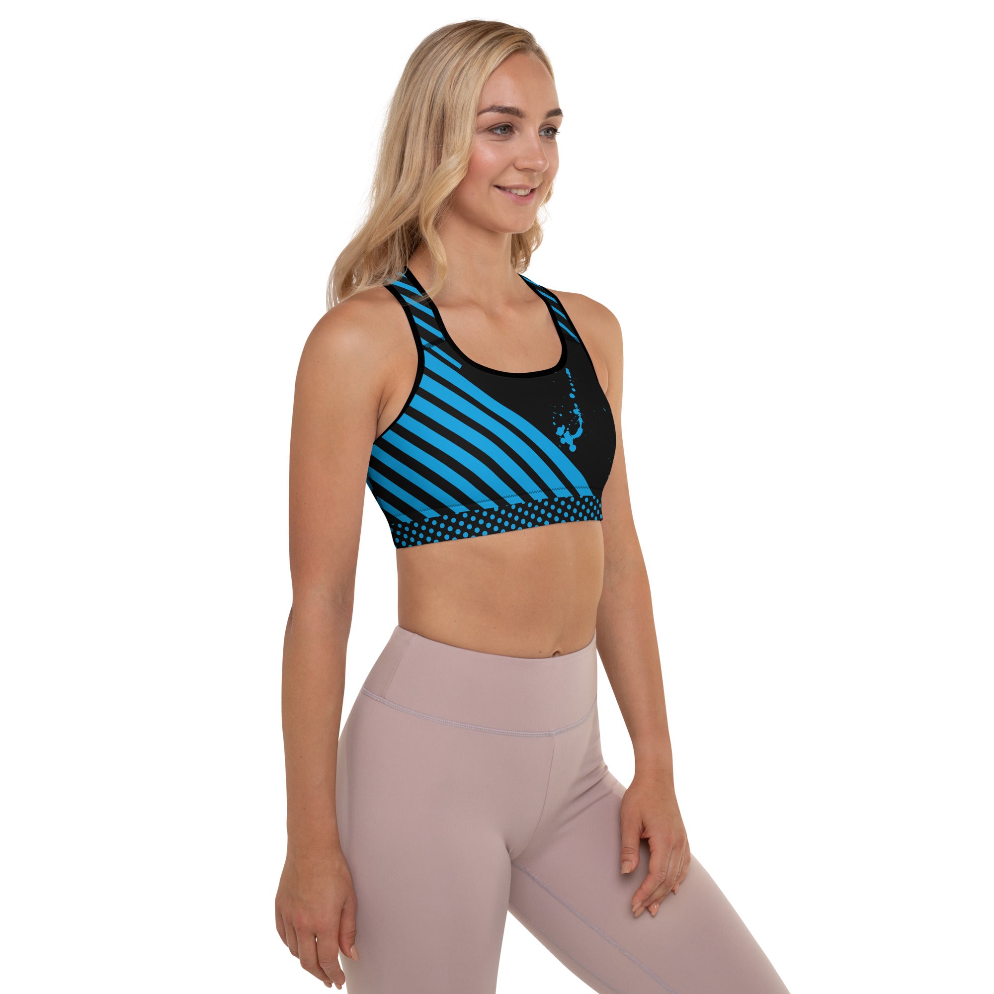 Padded Sports Bra - Black with Blue Strikes and Ink Splash