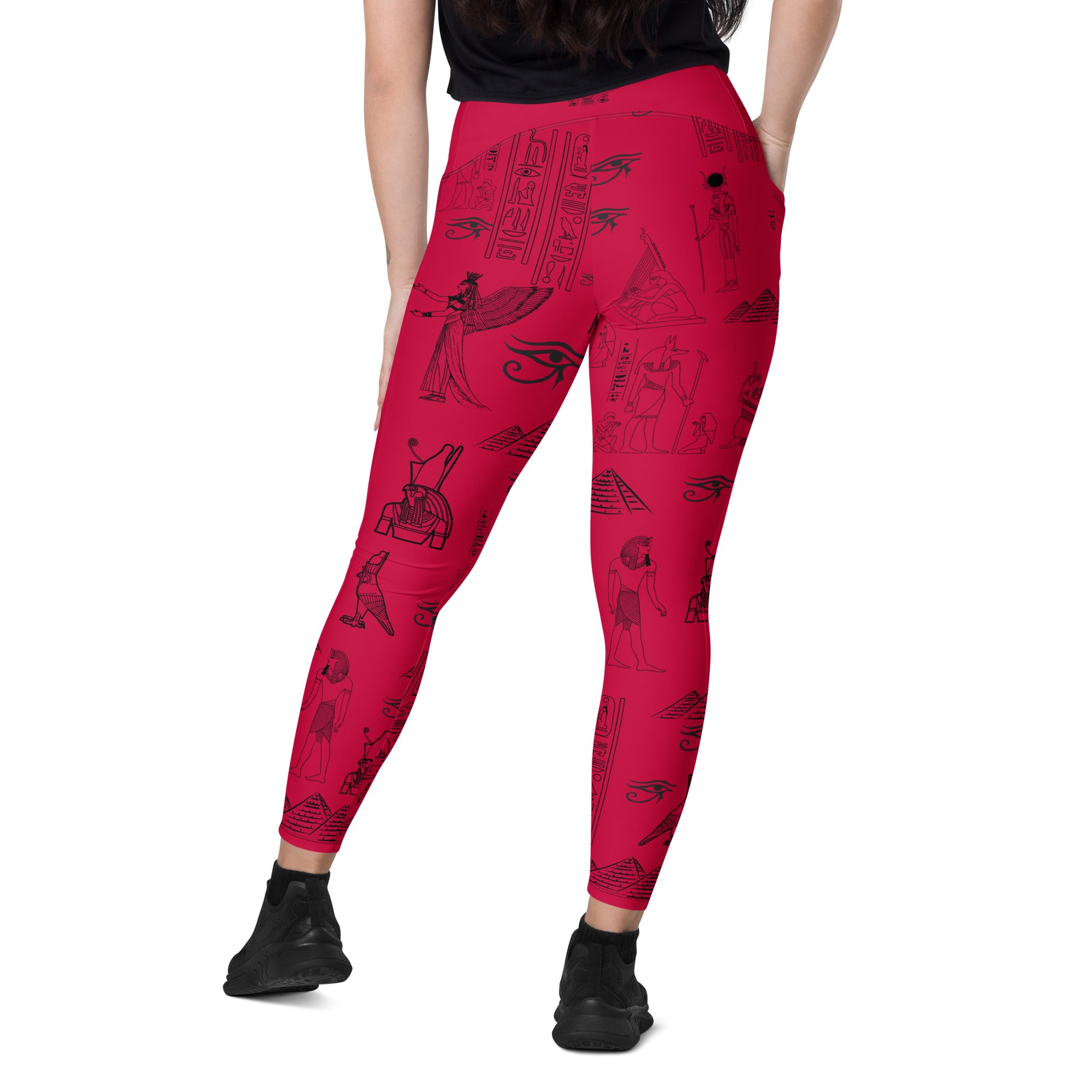 Ancient Egypt Apparel - High Waisted Travel Leggings - 2 Pockets - Crimson Red