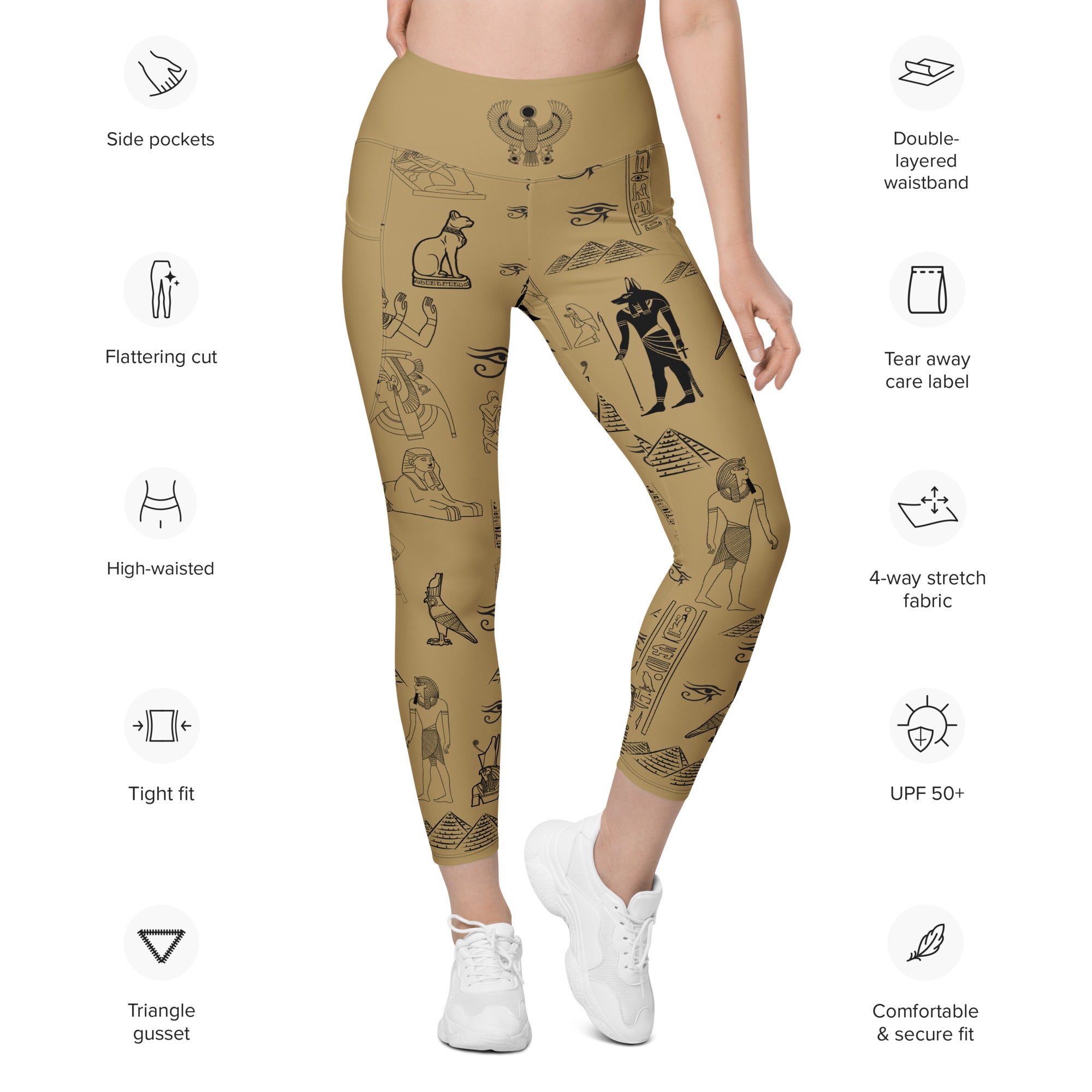 Ancient Egypt Apparel - High Waisted Travel Leggings - 2 Pockets - Sand