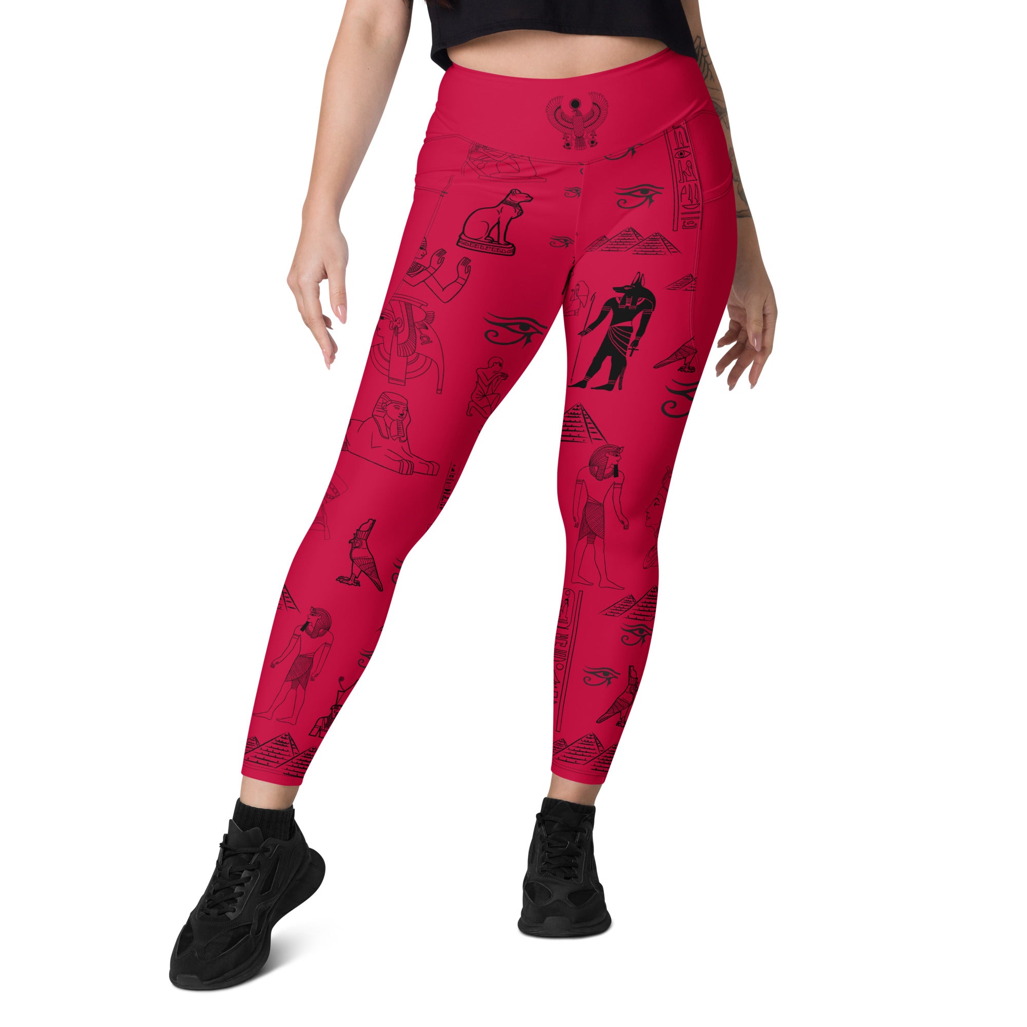 Ancient Egypt Apparel - High Waisted Travel Leggings - 2 Pockets - Crimson Red