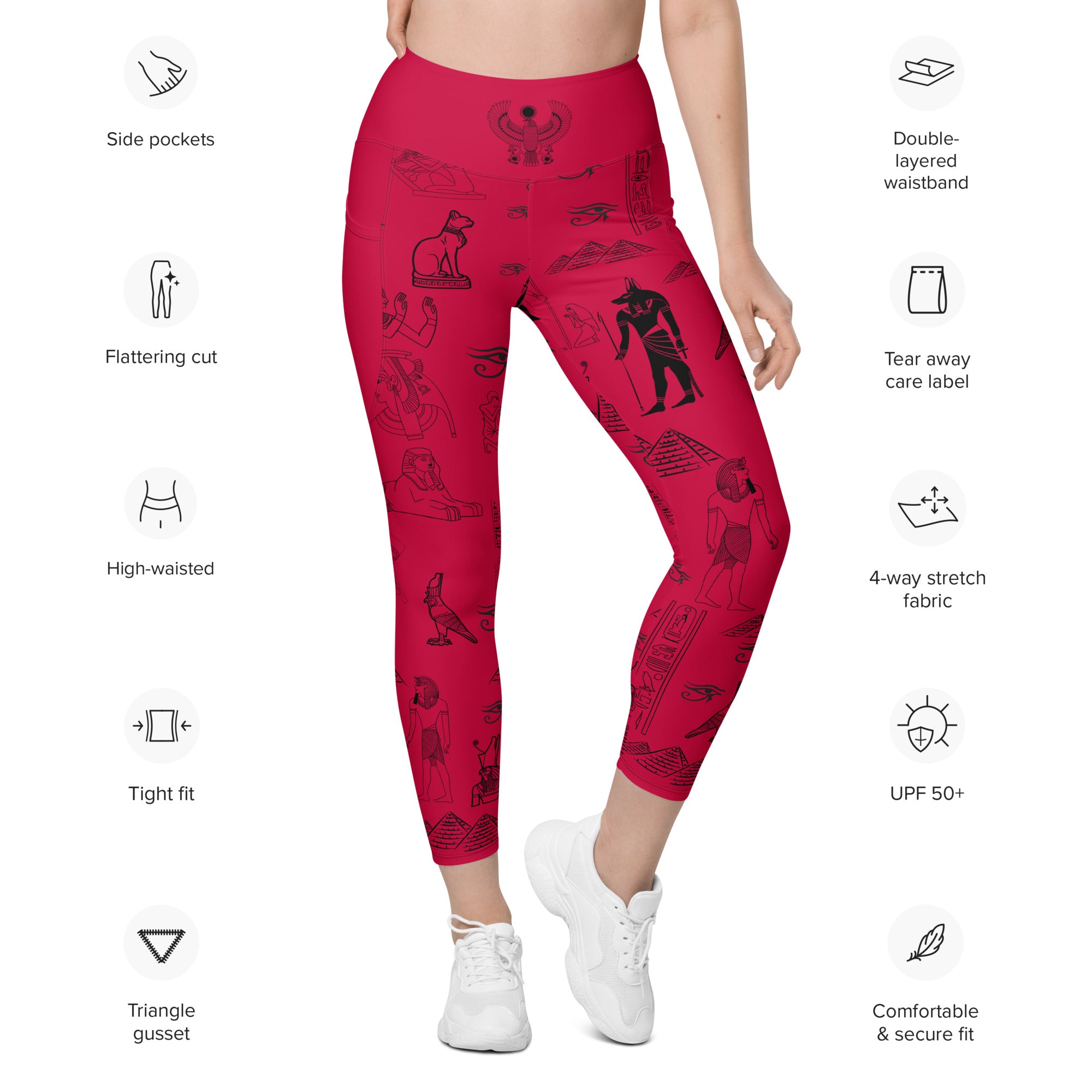 Ancient Egypt Apparel - High Waisted Travel Leggings - 2 Pockets - Crimson Red