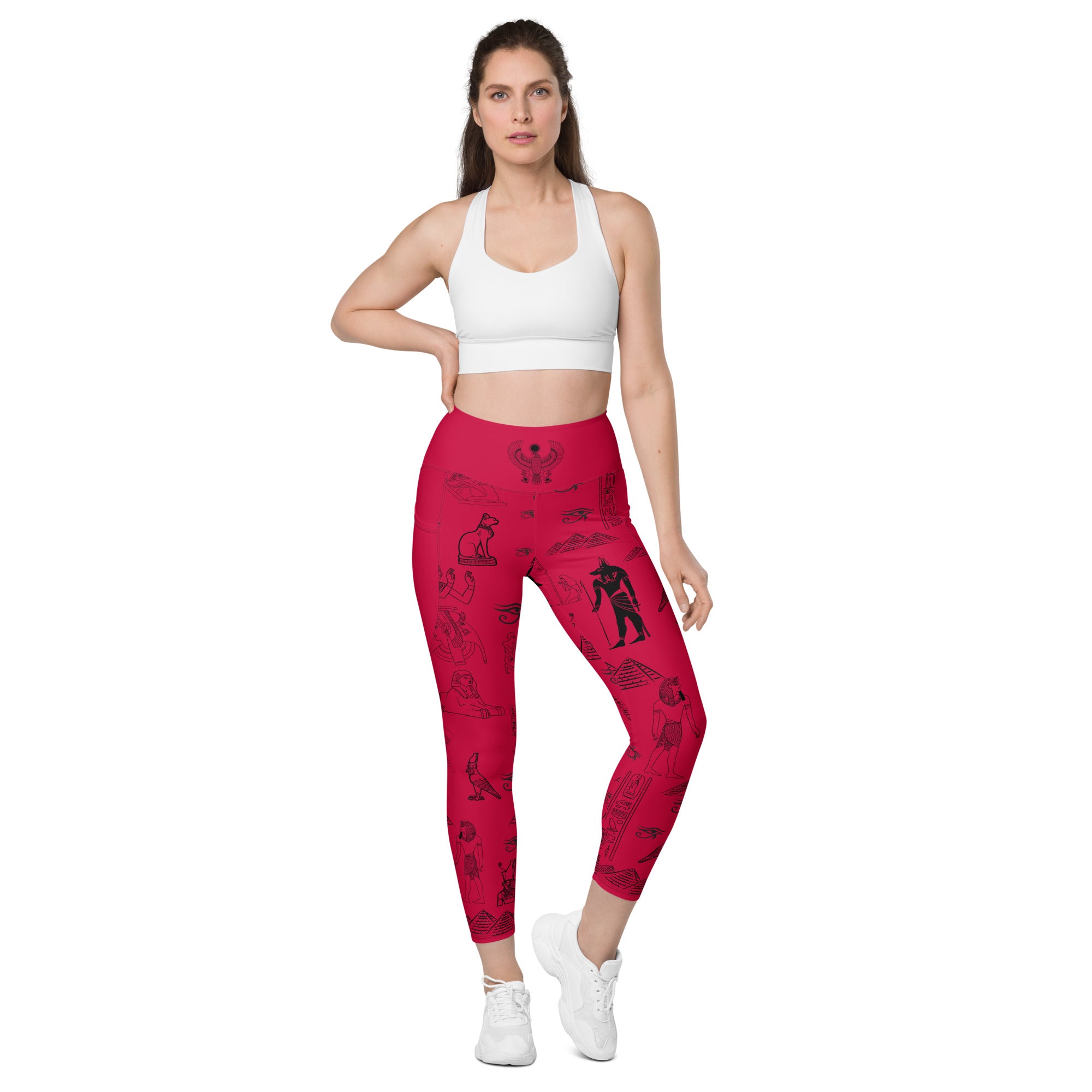 Ancient Egypt Apparel - High Waisted Travel Leggings - 2 Pockets - Crimson Red