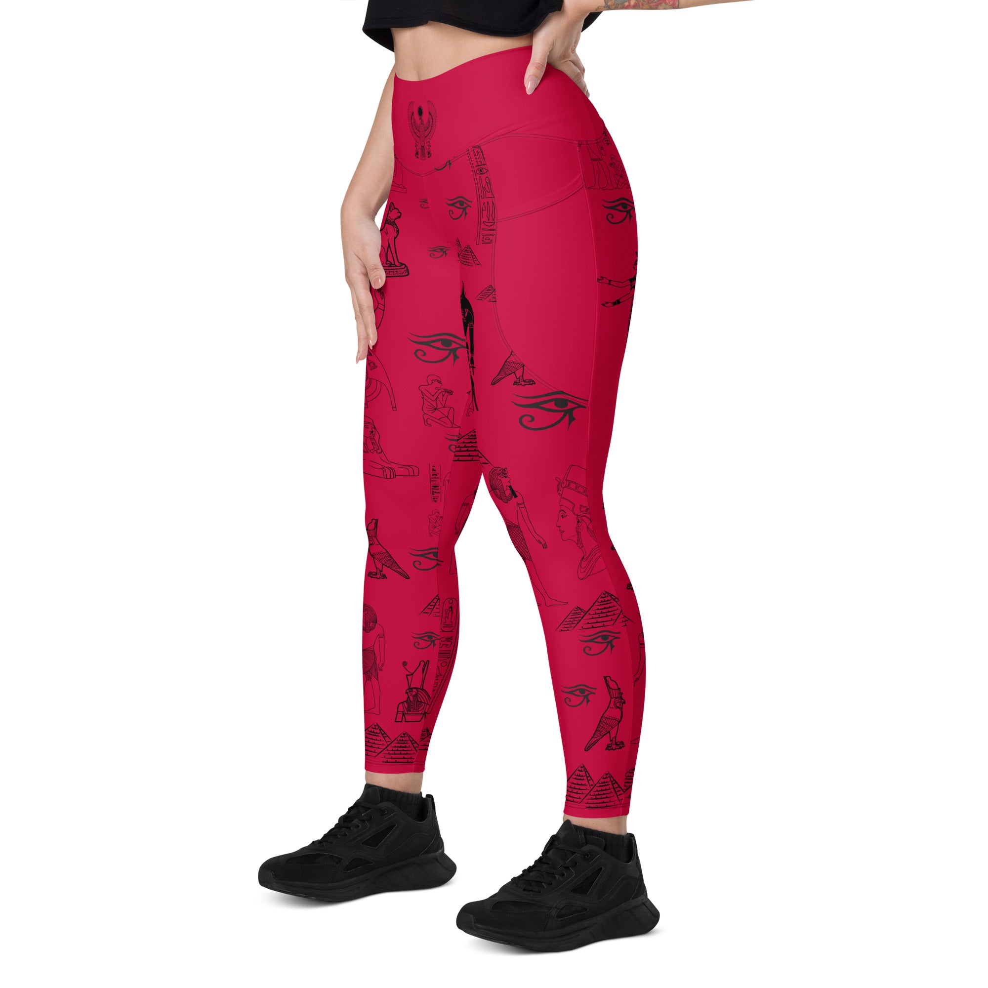 Ancient Egypt Apparel - High Waisted Travel Leggings - 2 Pockets - Crimson Red